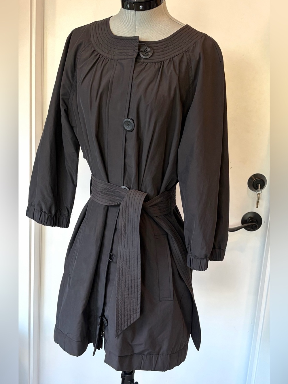 Vince Collarless Belted Trench, 3/4 sleeves, Cotton, dk grey, XS, GUC *button - Picture 3 of 16